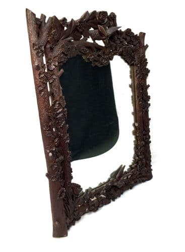 Antique Black Forest Wooden Framed Wall Mirror / French / c1900 / Carved